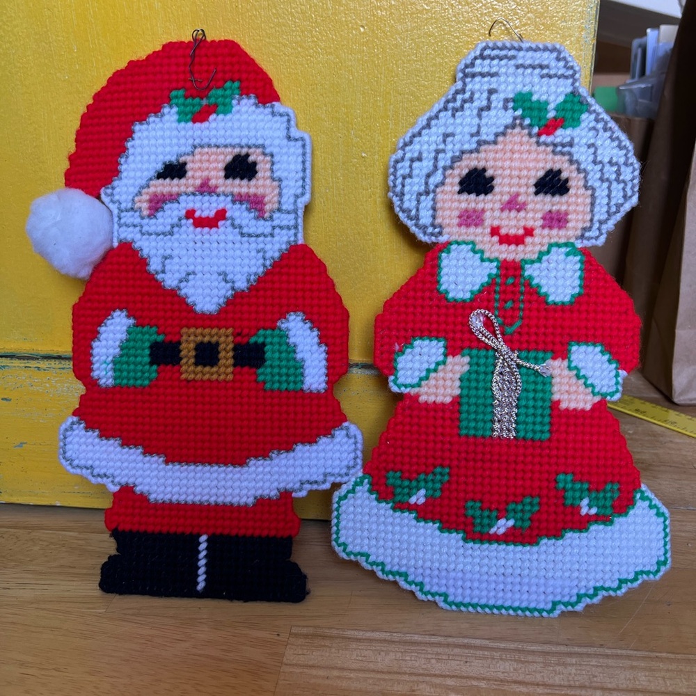 Santa and Mrs. Claus handmade yarn cross-stitch Christmas Ornaments